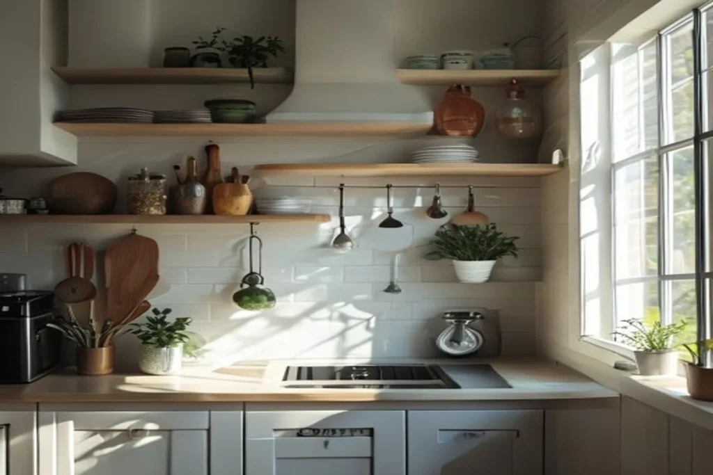 Cocina pequeña con barra magnética para cuchillos, estantes flotantes y utensilios colgados en pared