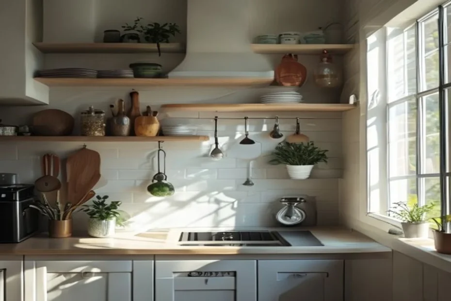 Cocina pequeña con barra magnética para cuchillos, estantes flotantes y utensilios colgados en pared
