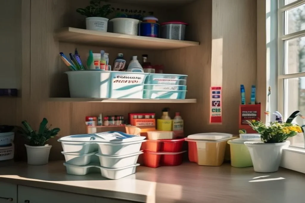Espacio bajo el fregadero organizado con cubos apilables, productos de limpieza agrupados y tabla vertical
