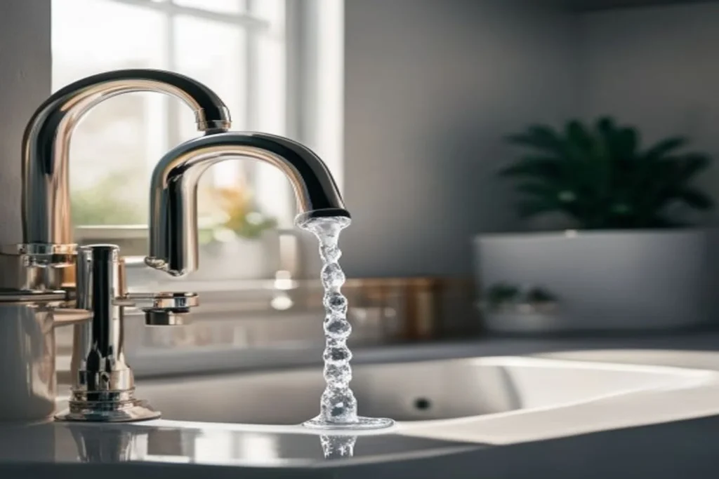 Llave de cocina cromada con gota de agua, vista de cerca, fondo neutro