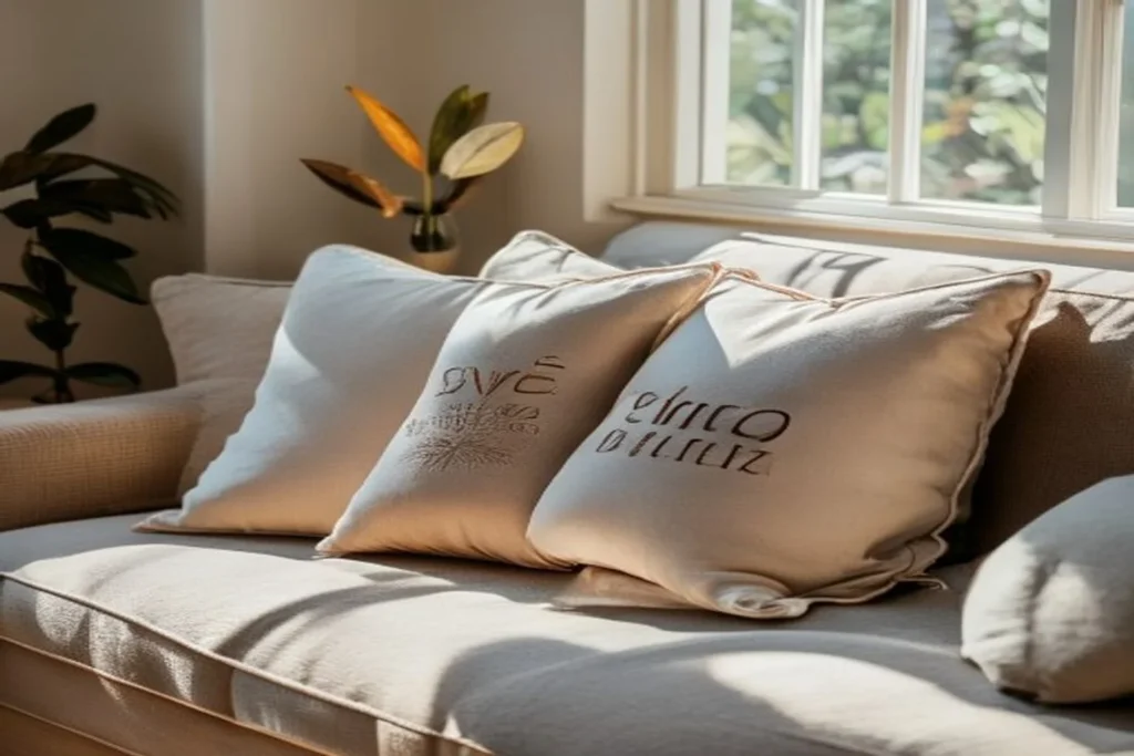 Cojines decorativos hechos a mano con telas neutras sobre sofá beige, sin costuras visibles