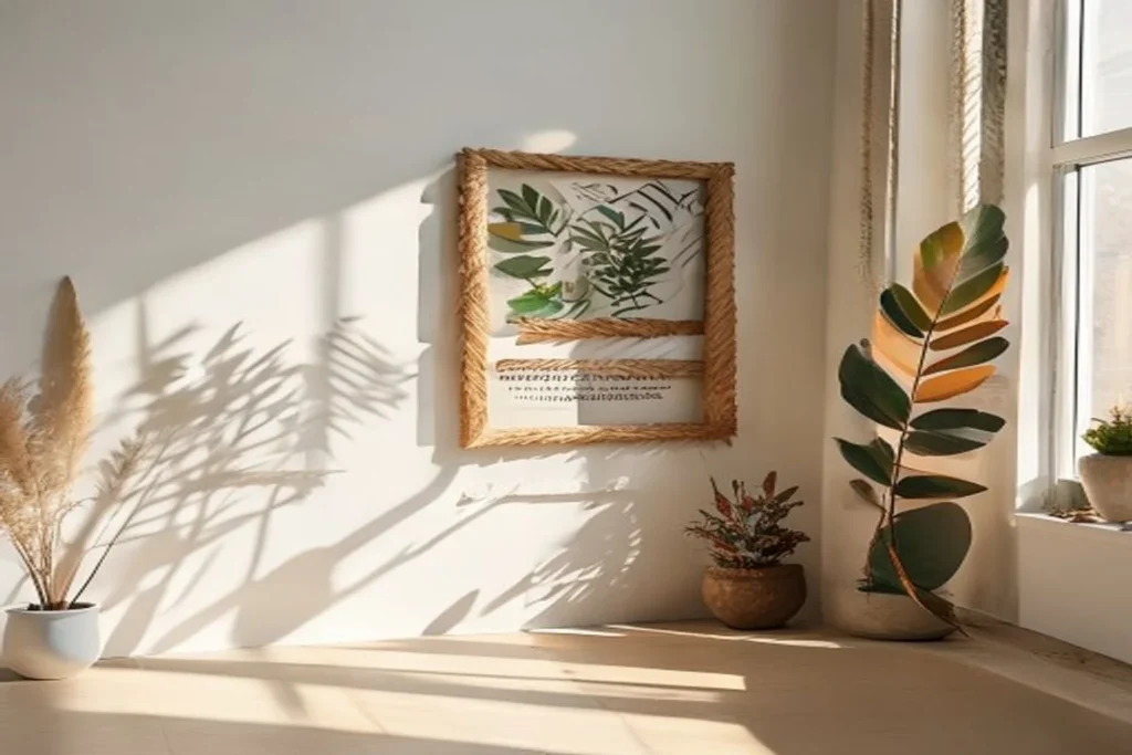 Cuadros decorativos hechos a mano con materiales reciclados en pared blanca de apartamento
