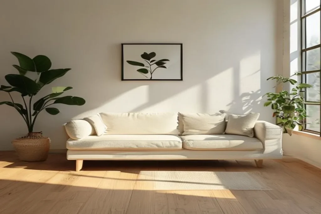 Sala de estar minimalista con sofá neutro, planta grande y arte en pared blanca, luz natural