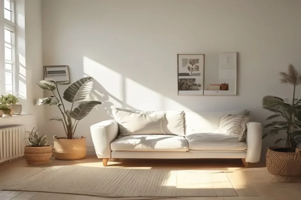 Sala de departamento pequeño decorada con estilo minimalista y luz natural