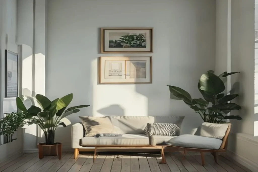 Pared de apartamento decorada con arte enmarcado y maceta colgante usando tiras adhesivas sin taladro