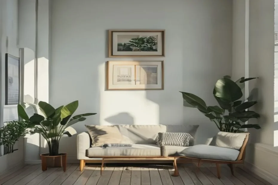 Pared de apartamento decorada con arte enmarcado y maceta colgante usando tiras adhesivas sin taladro