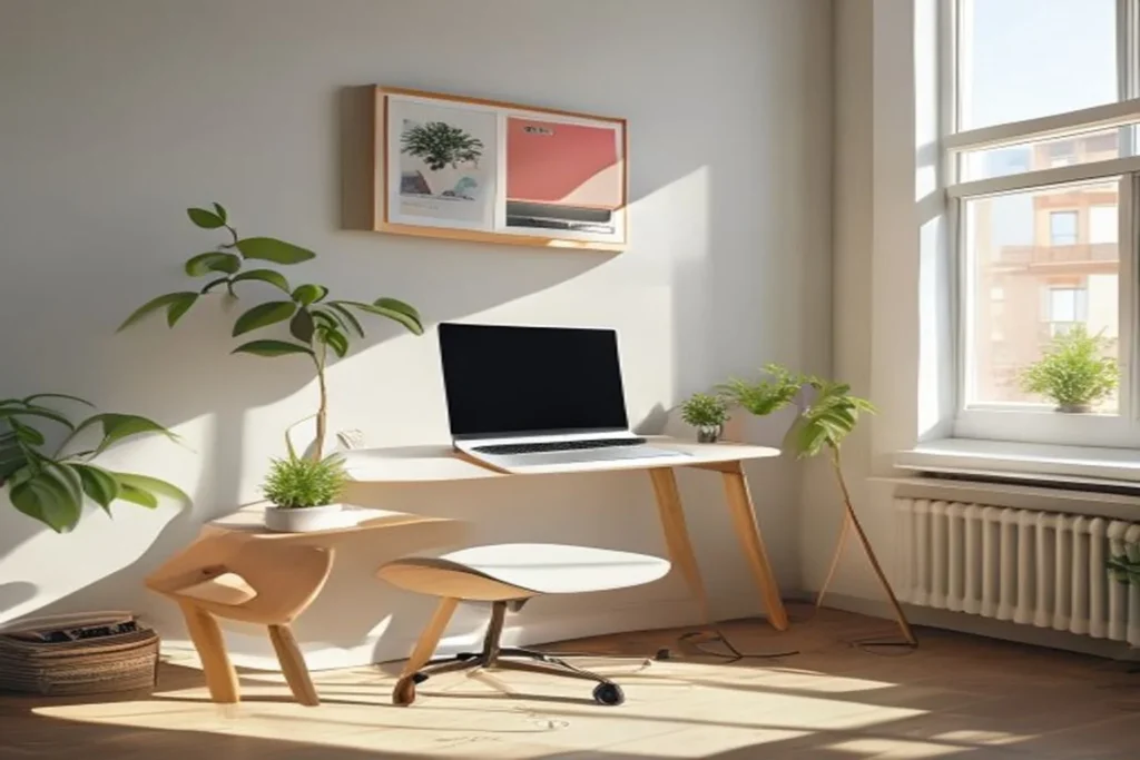 Rincón de home office en departamento con escritorio flotante, laptop y planta pequeña