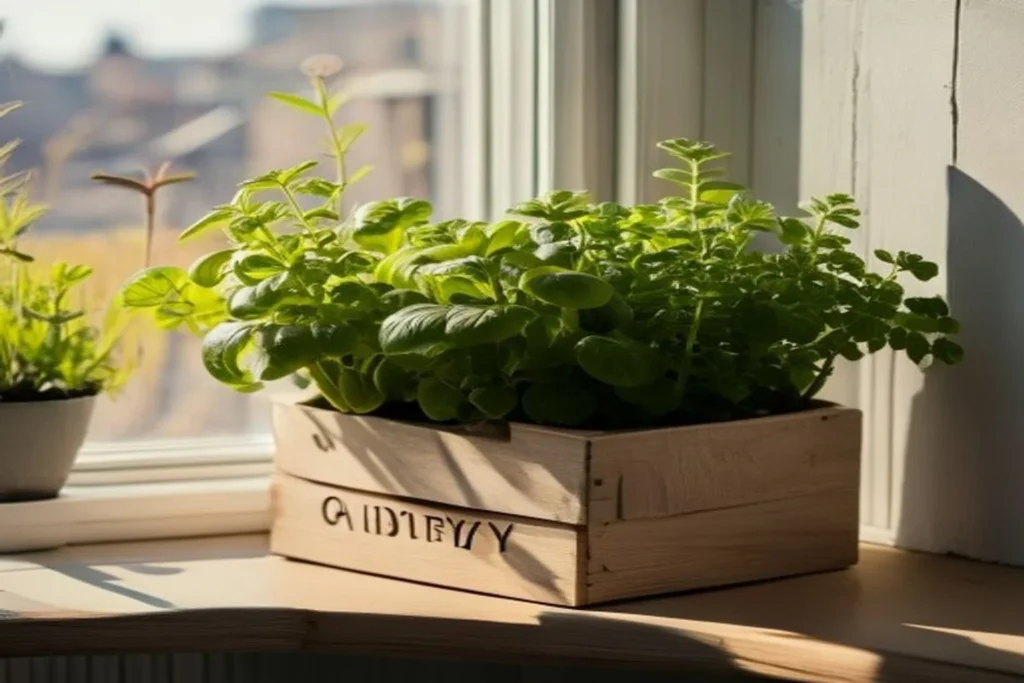 Jardinera de ventana hecha a mano con hierbas creciendo, madera simple y luz natural exterior