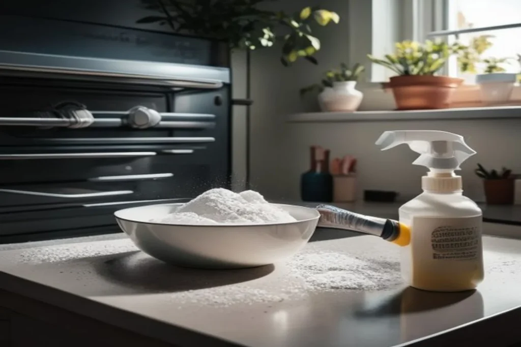 Interior de horno limpio con bicarbonato y vinagre blanco sobre encimera, sin productos químicos
