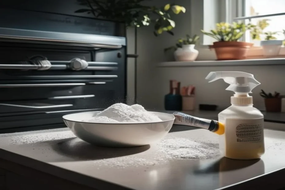 Interior de horno limpio con bicarbonato y vinagre blanco sobre encimera, sin productos químicos