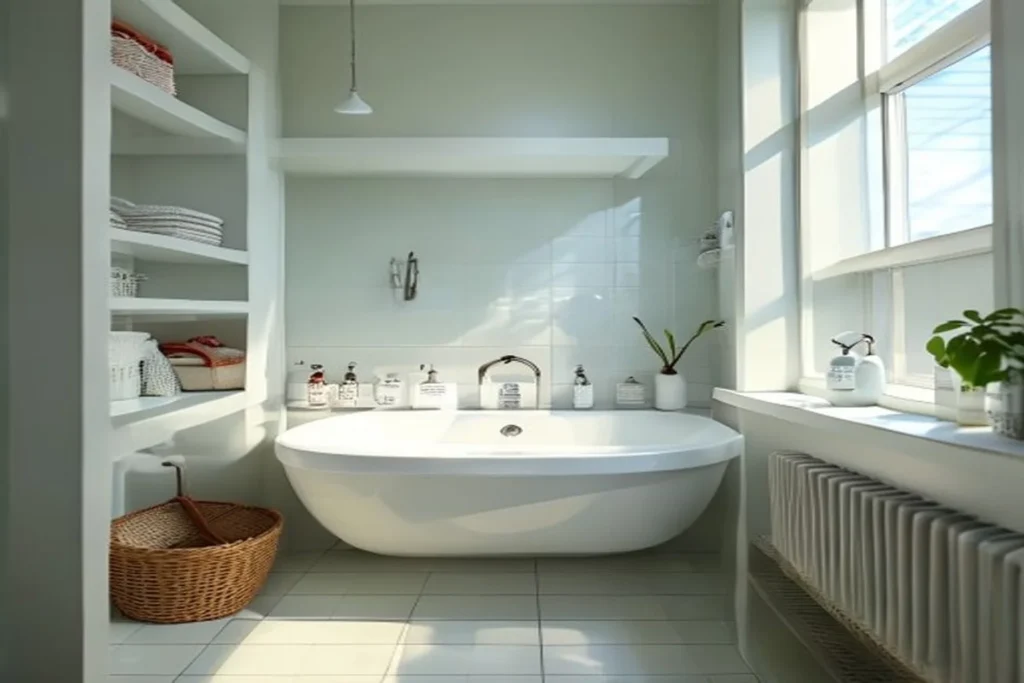 Baño pequeño muy organizado con estante sobre inodoro, canastas uniformes y encimera despejada