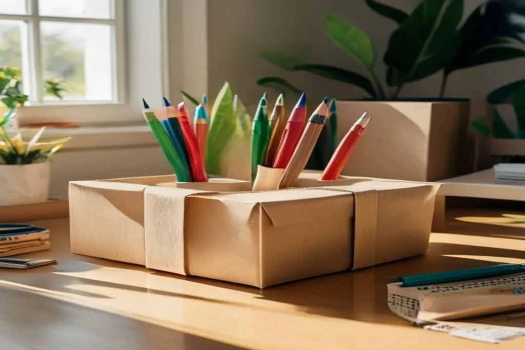 Organizador de escritorio DIY con cajas de cartón cubiertas de papel kraft, lápices y tijeras ordenados
