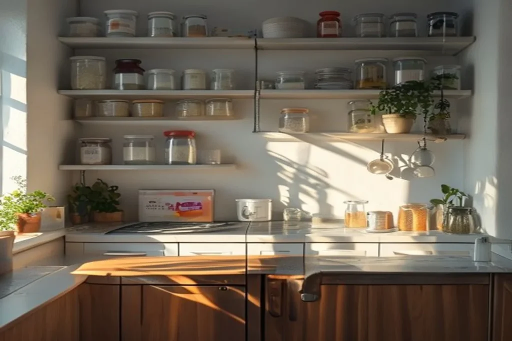 Cocina pequeña muy organizada con recipientes uniformes en estantes abiertos y encimera despejada