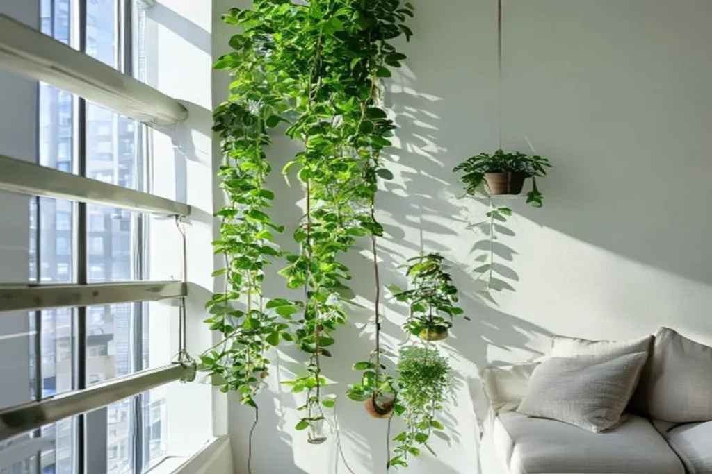 Pared verde con plantas colgantes en soportes de pared dentro de departamento luminoso