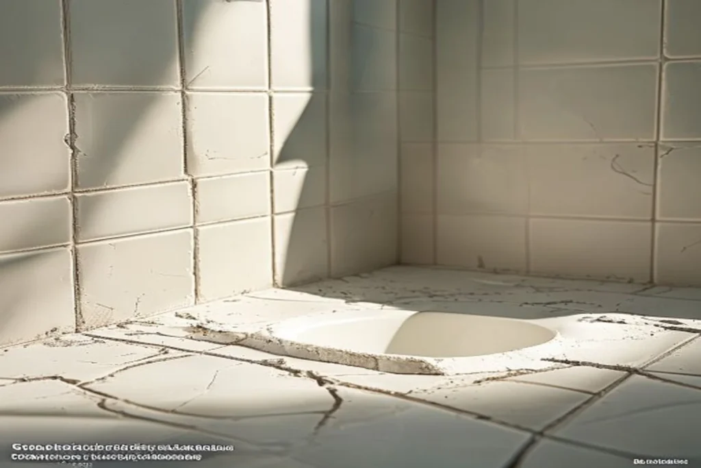 Azulejo de baño con grieta siendo reparado con lechada y herramientas simples