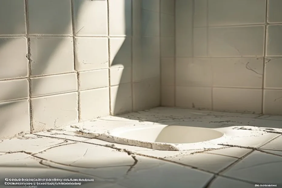 Azulejo de baño con grieta siendo reparado con lechada y herramientas simples