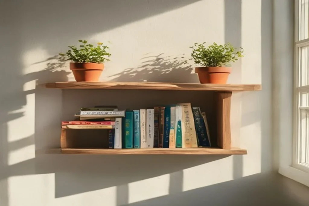 Repisa flotante de madera natural instalada en pared blanca con plantas y libros