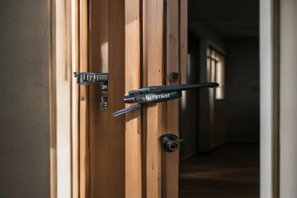 Puerta de madera con bisagra visible siendo ajustada con destornillador, fondo de pasillo neutro