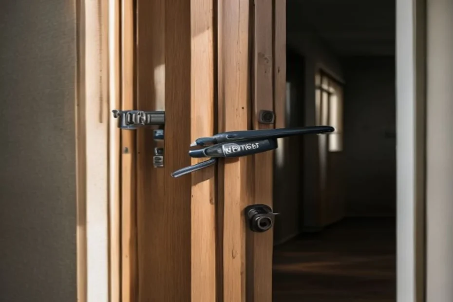 Puerta de madera con bisagra visible siendo ajustada con destornillador, fondo de pasillo neutro