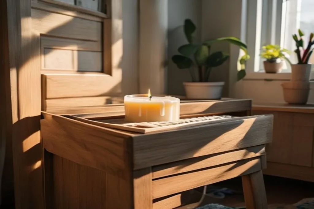 Cajón de madera sacado del mueble para reparación con vela y trapo para lubricar las guías, ambiente de apartamento