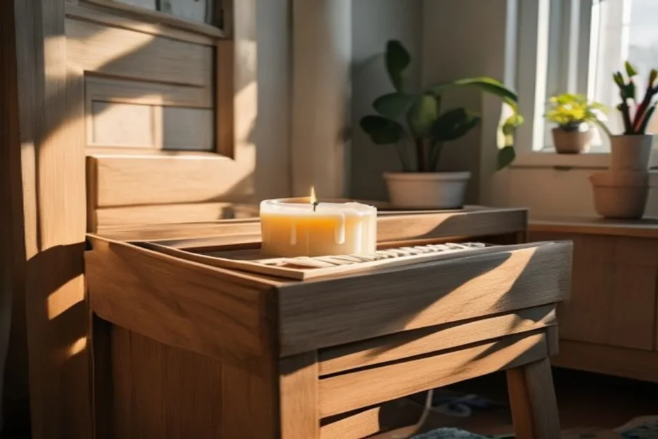 Cajón de madera sacado del mueble para reparación con vela y trapo para lubricar las guías, ambiente de apartamento