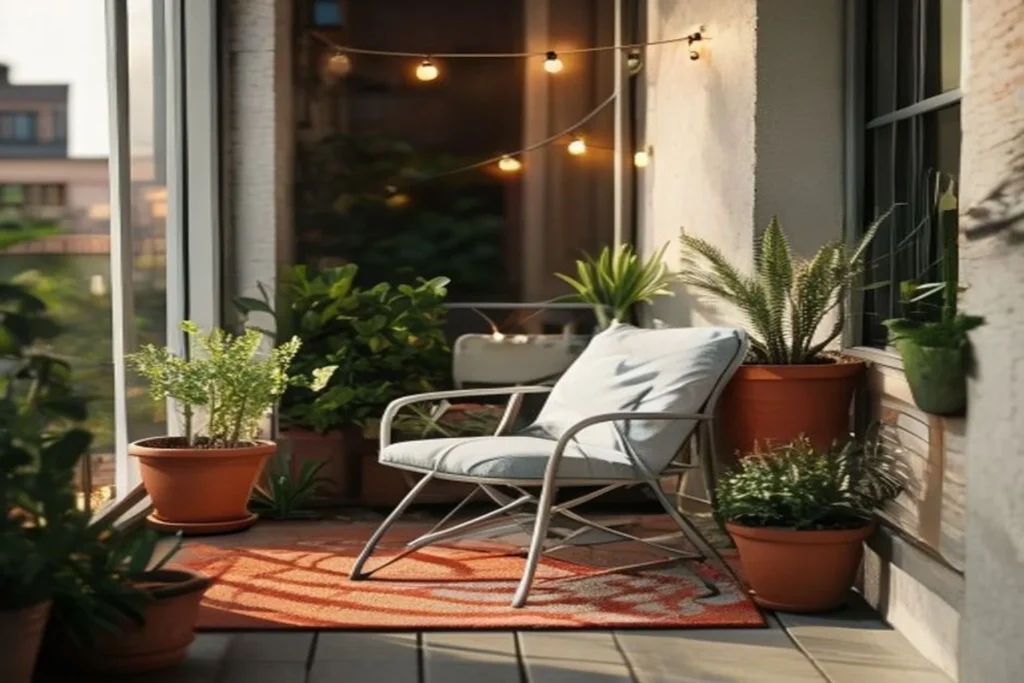 Balcón pequeño decorado como mini oasis con silla compacta, plantas en macetas, alfombra exterior y guirnalda de luces
