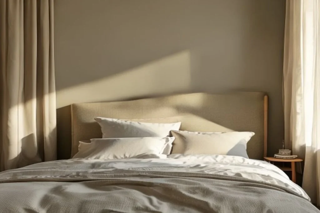 Cabecero acolchado artesanal en tela beige sobre la cama, ambiente de dormitorio minimalista