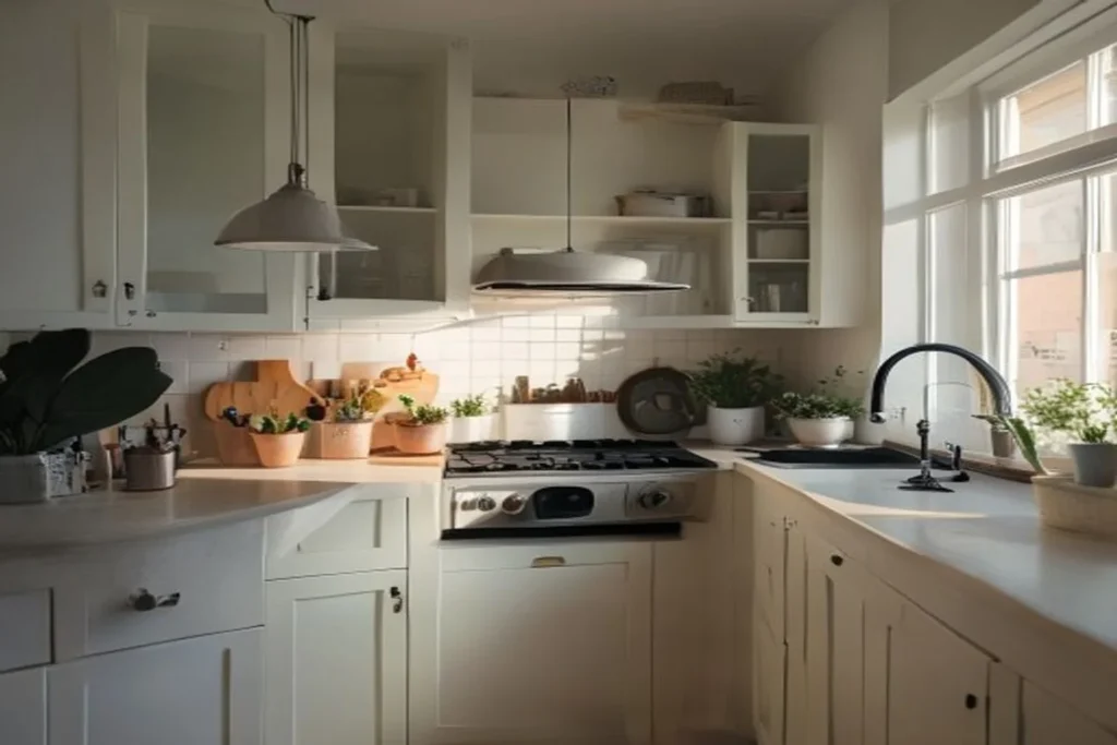 Cocina pequeña de departamento con encimeras despejadas, armarios claros uniformes e iluminación LED bajo muebles superiores