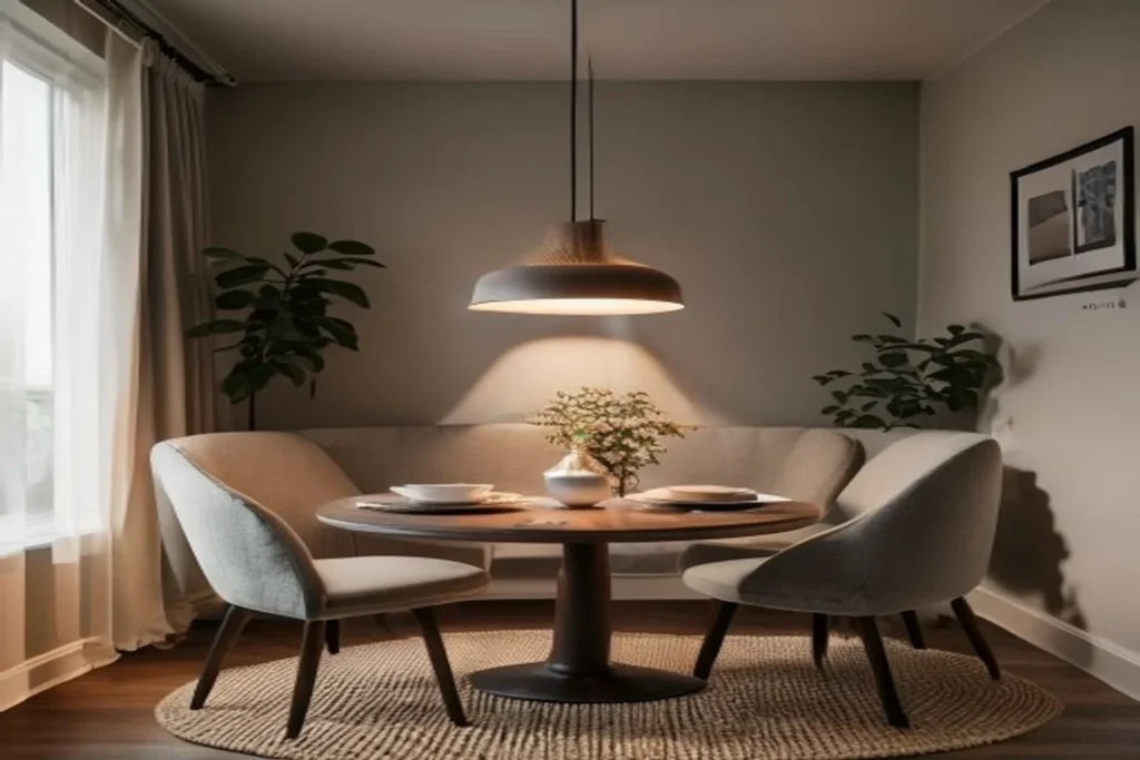 Comedor acogedor con mesa redonda de madera, lámpara colgante cálida, sillas tapizadas y alfombra debajo