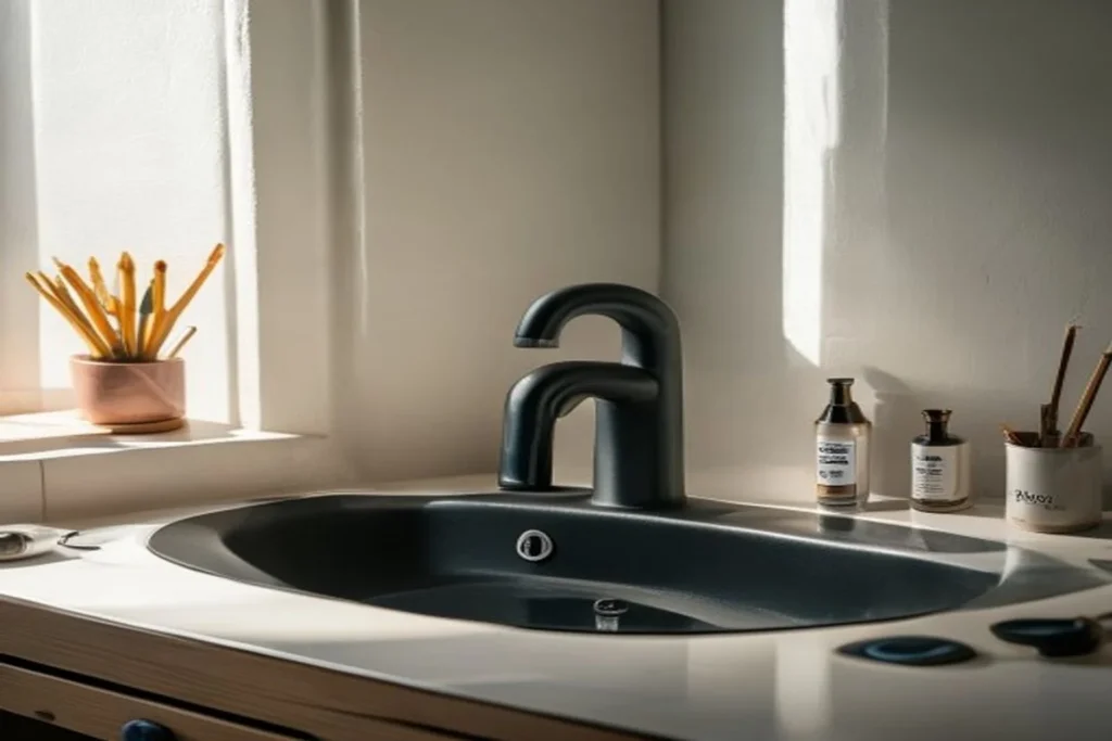 Grifo monomando negro mate instalado sobre lavabo cerámico blanco, con herramientas básicas al lado y luz natural suave