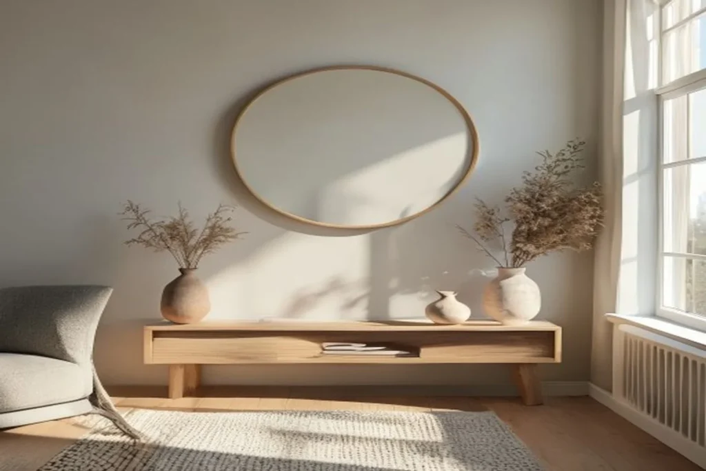 Pared blanca de salón con espejo redondo grande y repisa flotante de madera con dos jarrones cerámicos y una planta pequeña
