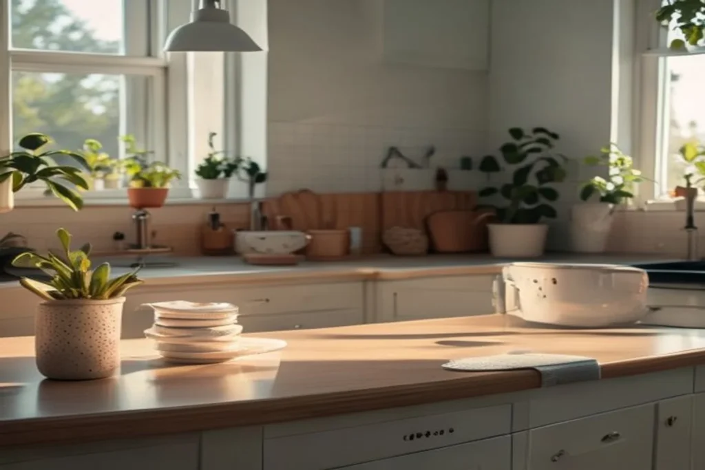 Encimera de cocina ordenada al final del día con fregadero vacío, paño doblado y una taza cerámica secándose bajo luz cálida