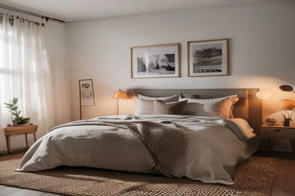 Dormitorio de alquiler decorado con textiles cálidos, lámpara lateral y cuadros adhesivos, sin pintar paredes