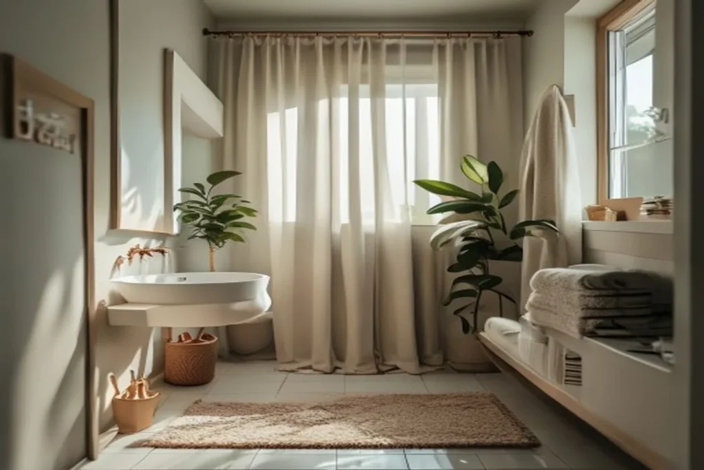 Baño pequeño decorado con toallas y alfombra en tonos beige, cortina de tela y planta verde, ambiente cálido