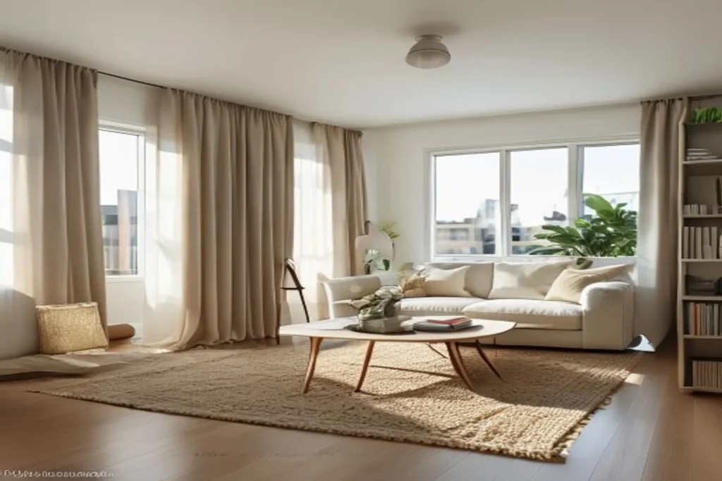 Departamento de un ambiente con cortinas hasta el techo y alfombra grande, tonos neutros claros, sensación espaciosa