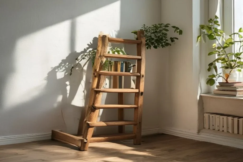 Estantería artesanal tipo escalera de madera de pino apoyada en pared blanca, con plantas y libros, hecha en casa