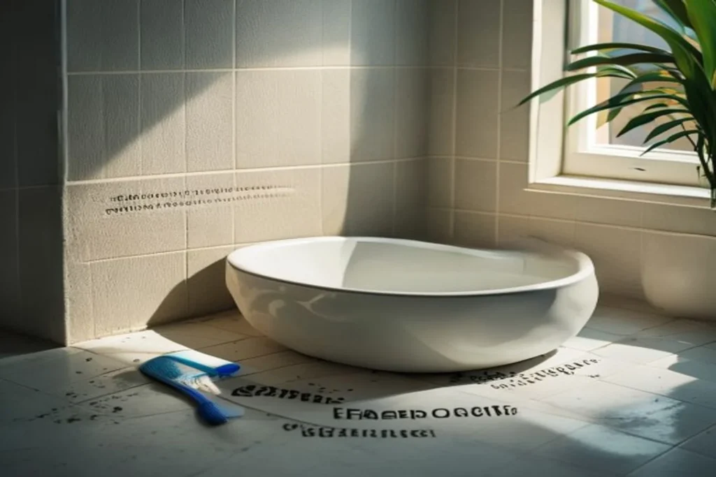 Junta de azulejo de baño limpiándose con pasta de bicarbonato y cepillo pequeño, método natural sin químicos fuertes