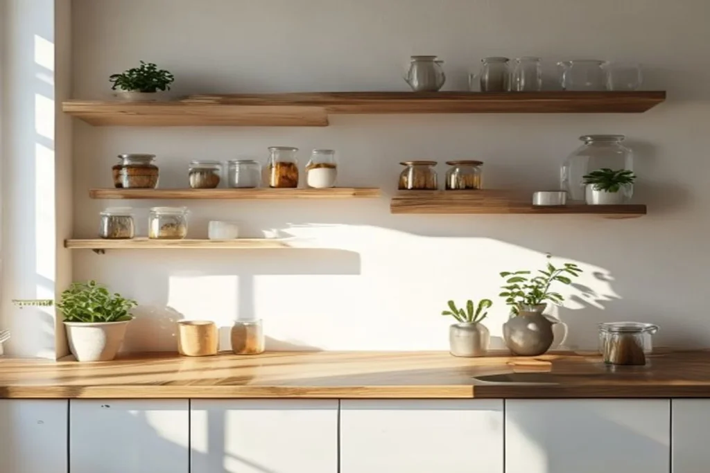 Cocina con estantes flotantes de madera sobre la encimera, tarros de cristal y tazas, ambiente luminoso y organizado