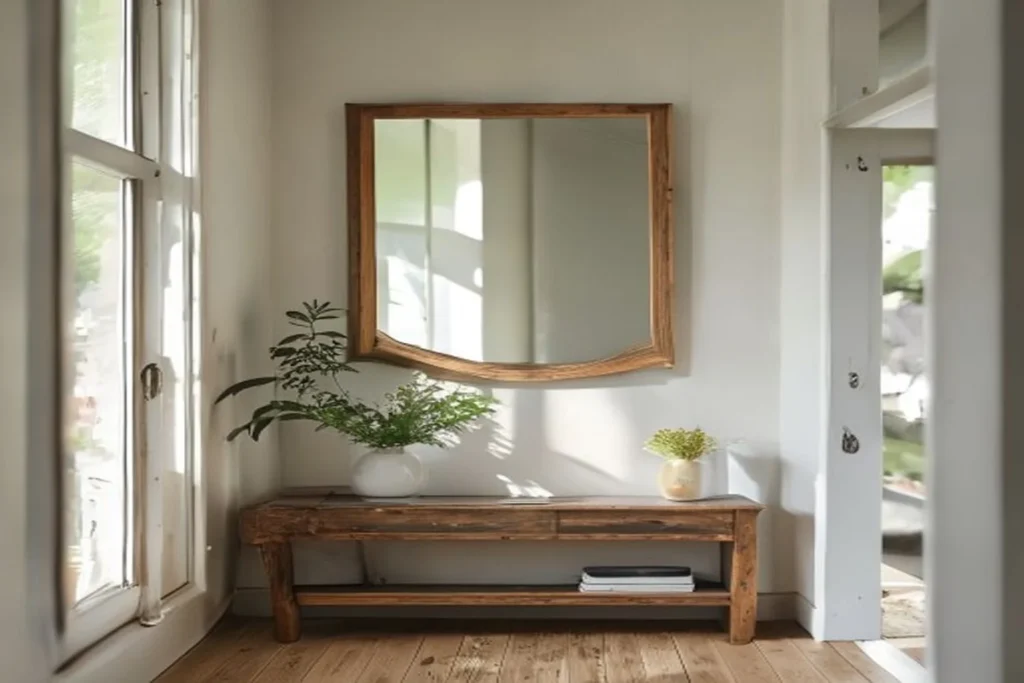 Espejo decorativo artesanal con marco de madera reciclada colgado en pared blanca de apartamento, ambiente cálido