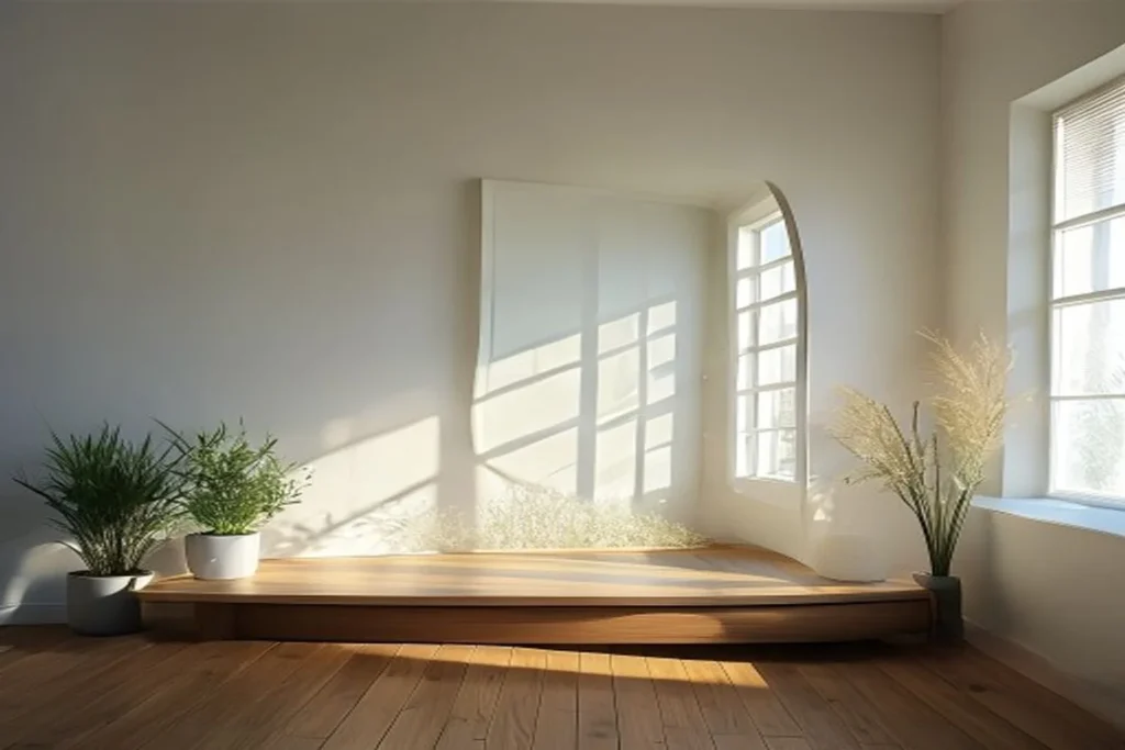 Espejo redondo grande en pared blanca de departamento minimalista reflejando ventana y amplificando la luz natural