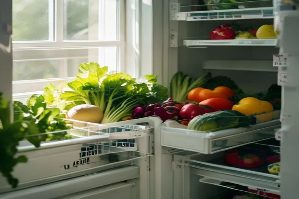 Cajón de verduras de heladera bien organizado con verduras frescas envueltas en papel de cocina, interior limpio