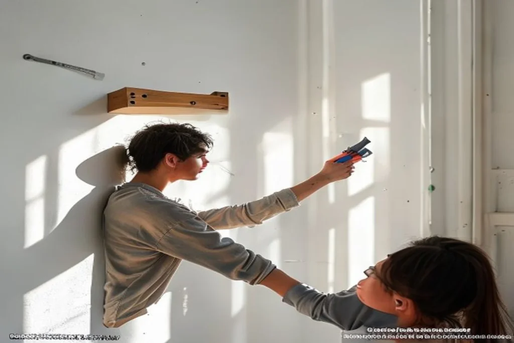 Instalación de estante flotante en pared blanca de departamento con nivel y taladro, proceso sin errores