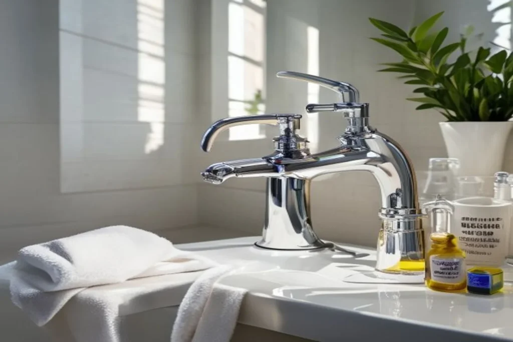 Grifo cromado brillante recién limpiado en baño con paño blanco y frasco de vinagre, mantenimiento preventivo