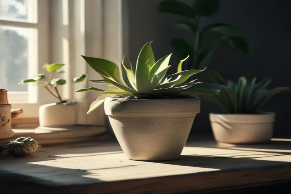 Maceta artesanal de cemento con suculenta, sobre superficie de madera, luz natural suave