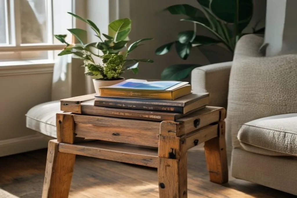 Mesa auxiliar rústica DIY hecha con cajas de fruta de madera apiladas, con libro y planta encima, en sala de estar