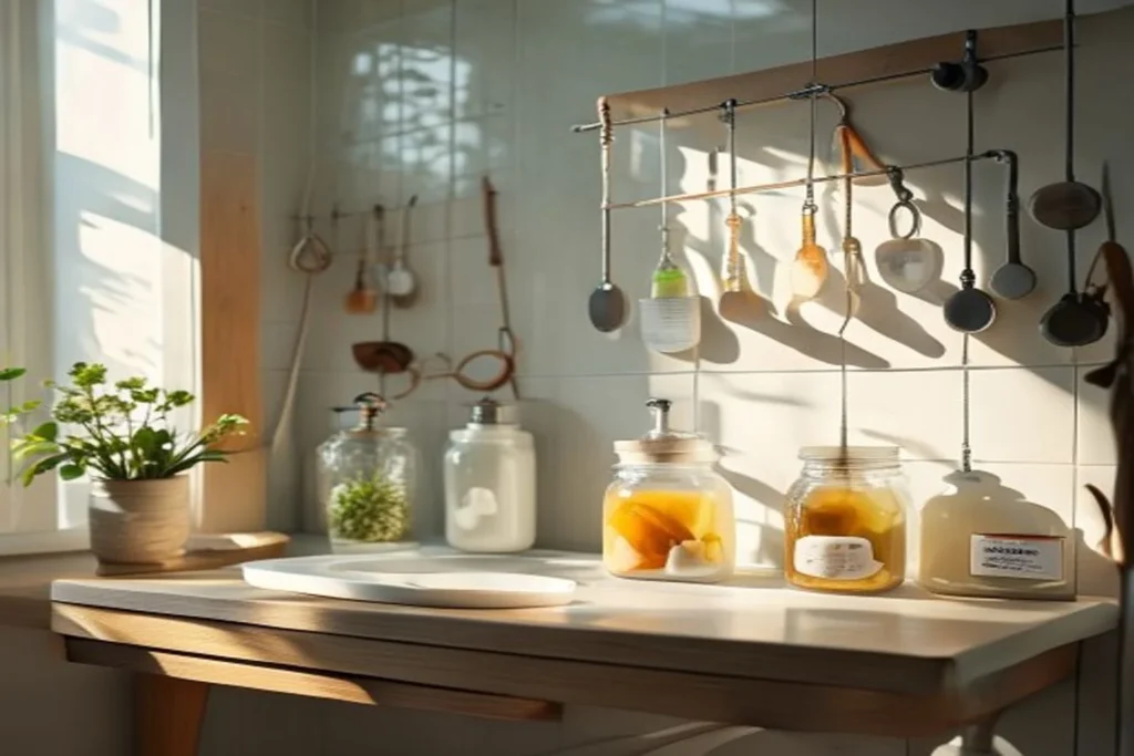 Organizador de pared artesanal para baño con tarros de cristal y ganchos sobre baldosa blanca