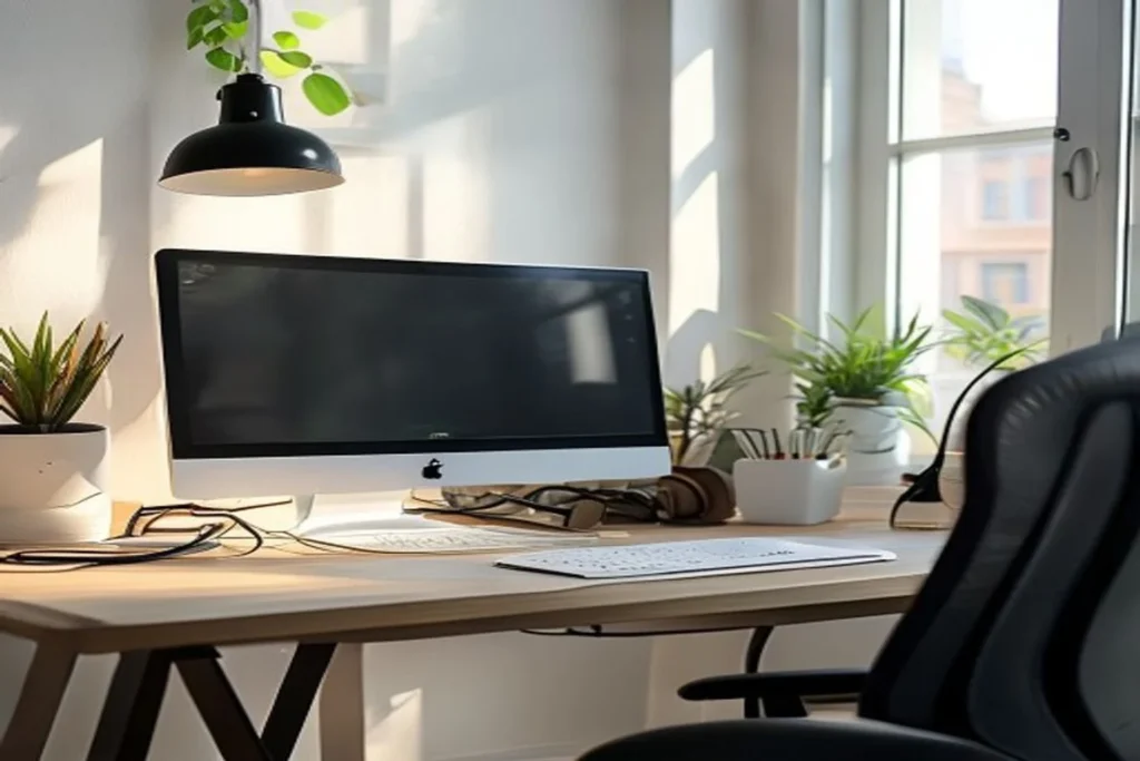Escritorio minimalista de home office con monitor elevado a la altura de los ojos y cables organizados, luz natural lateral