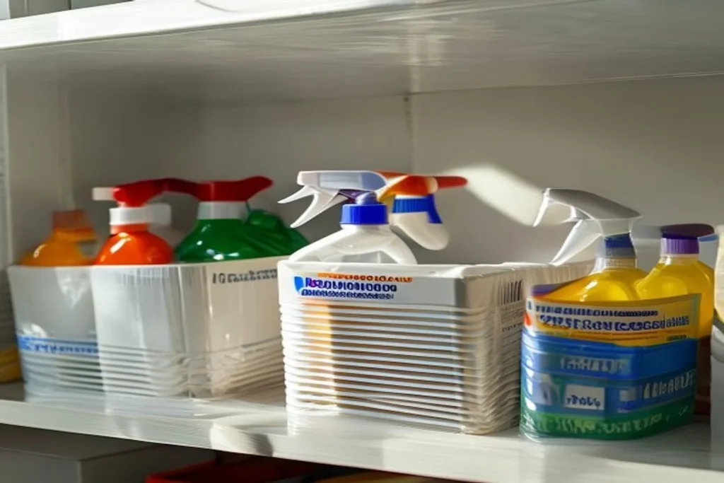 Productos de limpieza organizados en cestas plásticas por zona de uso en armario blanco, ambiente ordenado
