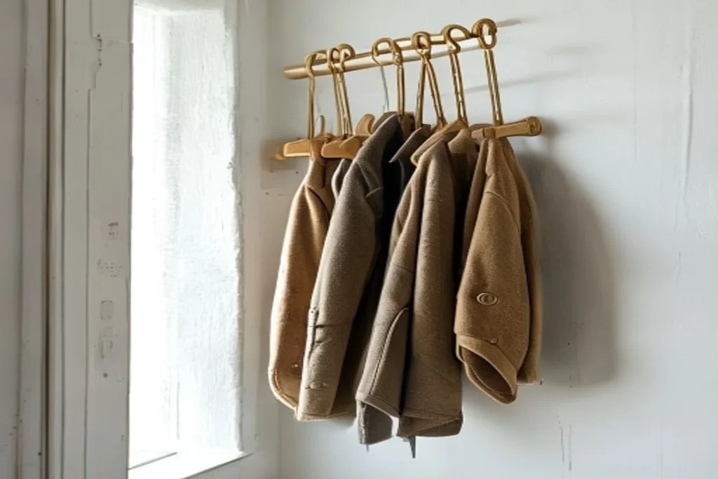 Perchero de pared artesanal de madera con 5 ganchos de latón vintage, en pared blanca de entrada de departamento