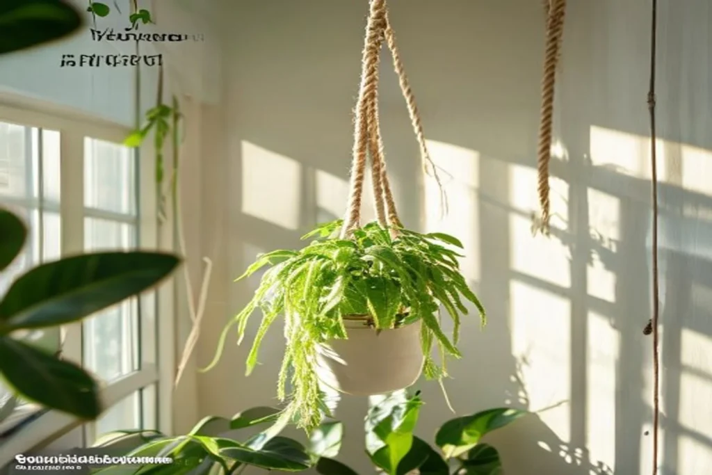 Porta plantas colgante artesanal de macramé con planta verde, cuerda de algodón natural, pared blanca de fondo